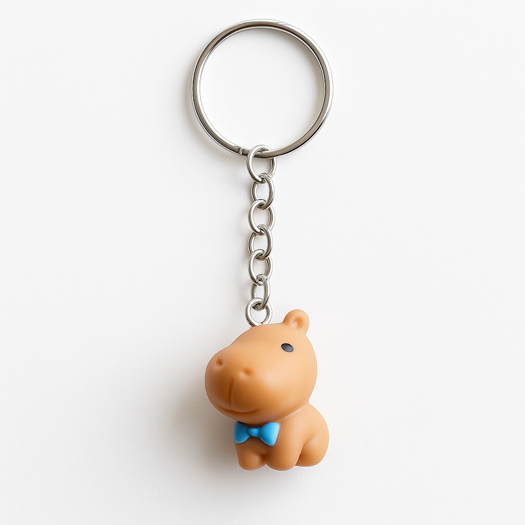 Keychain with a small brown hippo figure wearing a blue bow tie on a white background