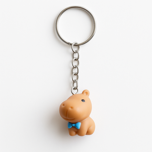 Keychain with a small brown hippo figure wearing a blue bow tie on a white background